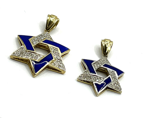 14K Gold & Diamond With Blue Enamel Star of David Necklace
